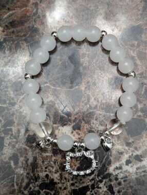 White Beaded Bracelet with Silver Cat Charm